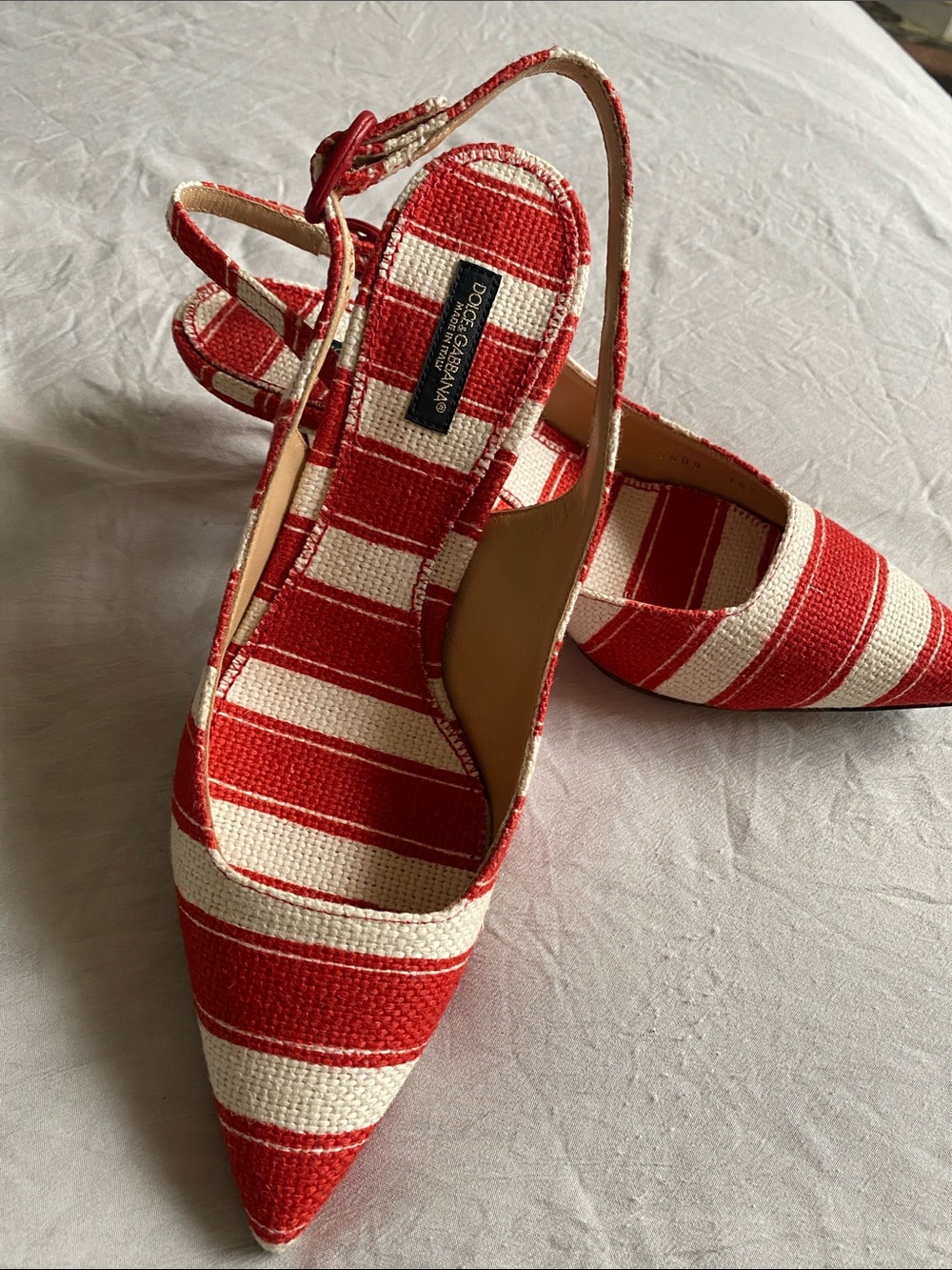 Dolce & Gabbana Red and White Striped Pointed Slingback Heels
